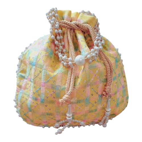 DMS RETAIL Handmade Checked Embroidery Potli | Embellished Satin Wristlet Bag for Women & Girls | Batwa Wallet | Clutch Bags for Return Gifts | Drawstring Closure Potli (YELLOW)