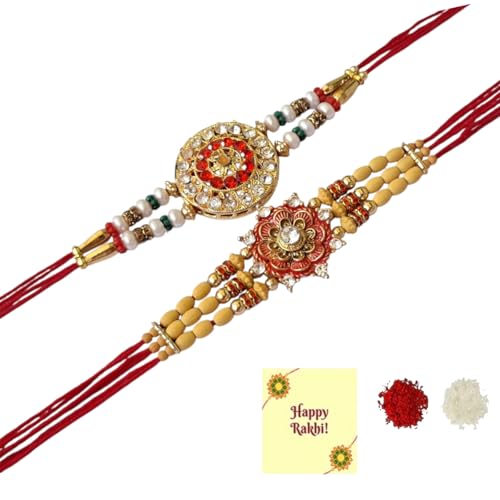 DMS RETAIL Set of 2 Designer Rakhis For Men with Roli Tilak And Greetings Card - Rakhi for Brother, Bhaiya, Bhai