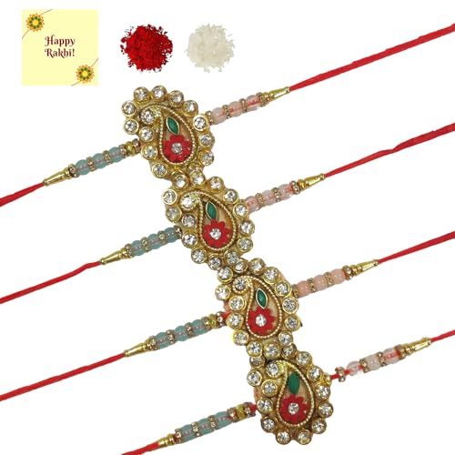 DMS RETAIL Set Of 4 Rakshabandhan Designer Kundan Pearl Rakhi & Roli Chawal For Brother/Bhai/Bro/Men