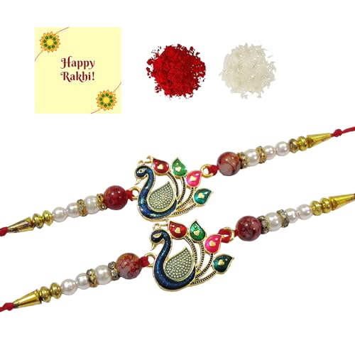 DMS RETAIL Rakhi for Brother - Red & Blue Beads Peacock Rakhi for brother with Roli Chawal And Greetings Card Set Of 2 Rakhi