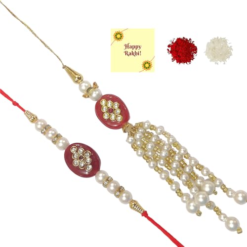 DMS RETAIL Bhaiya Bhabhi Meenakari Pearl Couple Rakhi Set| Couple Rakhi| Kundan Rakhi Raksha Bandhan Greeting CardRakhi For Brother Rakhi Gift Set Rakhi Combo Bhaiya Rakhi Combo Rakhi Set of 1