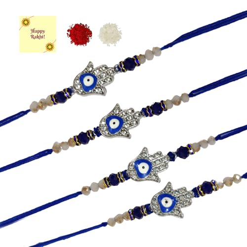 DMS RETAIL Handmade Evil Eye Rakhi Protect From Negative Energy Unisex Evil Eye Rakhi With Beads Handmade Rakhi for Brother/Sister set of 4