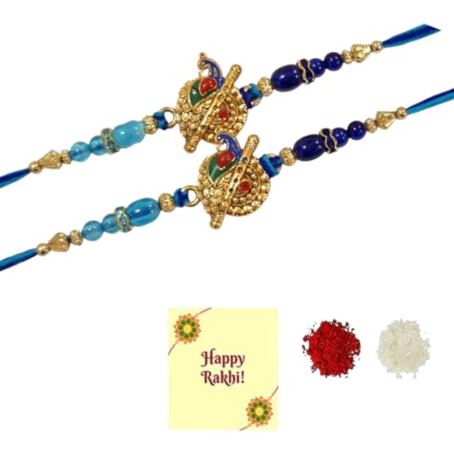 DMS RETAIL Green Blue & Golden Peacock Feather Religious Designer Rakhi with Roli Tilak Pack Set of 2