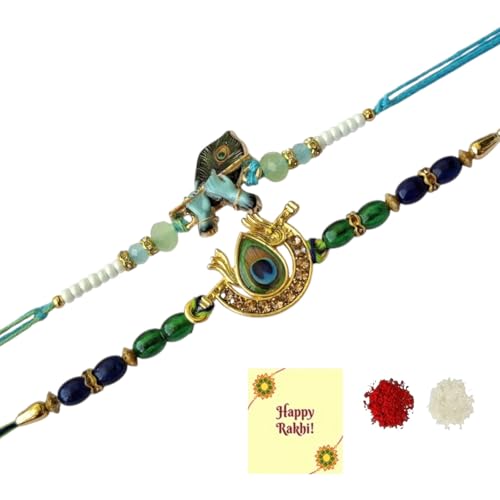 DMS RETAIL Set of 2 Krishna Morepankh Rakhi For Brother With Roli Tilak Greetings Card