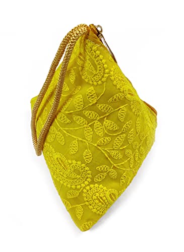 DMS RETAIL Lucknowi Embroidered Potli Bags in Samosa Shape Potli Pouches, Return Gifts for Women, Shagun Potli Purse for Gifting, Potli Bags for Ladies (Yellow)