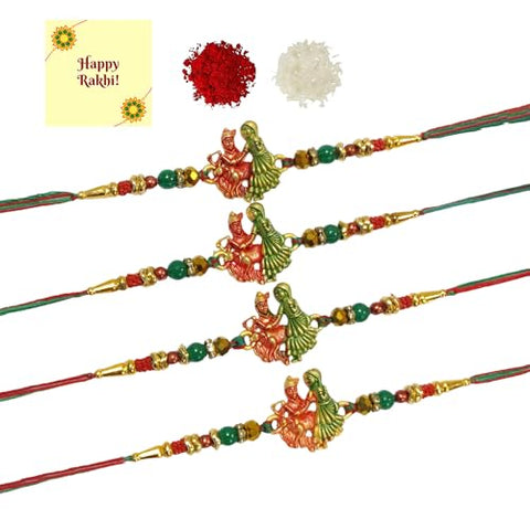 DMS RETAIL Men's and Women's Pack of 4 Rasha Kridhna Rakhi for Brother and Bhabhi Kids - Rakhi for Bhabhi with greetings card and roli chawal