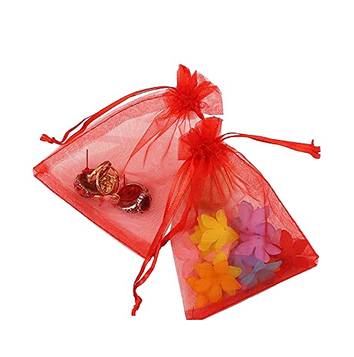 DMS RETAIL Plain Non Printed Clear - Organza Favor Jewellery Pouch, Shagun Potli Bags Drawstring Pouches For Wedding Plain Organza Bag Pouches Sheer Candy 13X18 CMS Pack Of 30 Bags (RED)