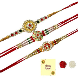 DMS RETAIL Diamond Studded Floral Kundan Rakhi Combo For Brother With Roli Tilak and Greetings Card Set Of 3 Rakhi For Bhaiya