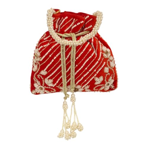 DMS RETAIL Handcrafted with Pearl Handle and Tassels | Embroidered Bridal Clutch for Weddings, Parties, and Gifting | Elegant Drawstring Potli for Women (RED)