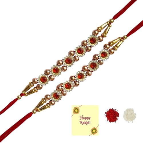 DMS RETAIL Diamond Studded Set Of 2 Floral Designer Kundan Rakhi With Roli Chawal Pack - Rakhi For Brother, Bhaiya, Bhai With Greetings Card Roli Tilak