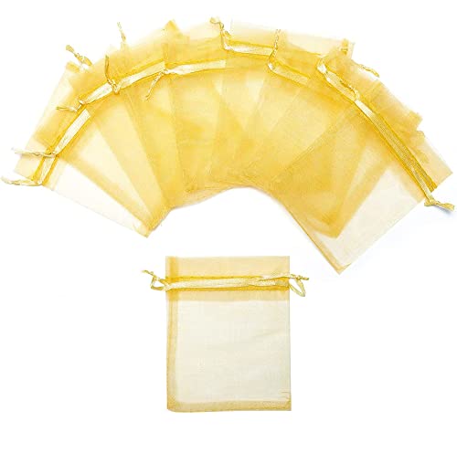 DMS RETAIL Plain Non Printed Clear - Organza Favor Jewellery Pouch, Shagun Potli Bags Drawstring Pouches For Wedding Plain Organza Bag Pouches Sheer Candy 13X18 CMS Pack Of 30 Bags (GOLDEN)