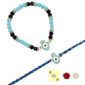 DMS RETAIL Evil Eye Couple Bracelet Rakhi Set For Bhaiya Bhabhi Raksha Bandhan Rakhi Bracelet Set for Brother Bhaiya Bhabhi Rakhi with Roli Tilak & Greetings Card