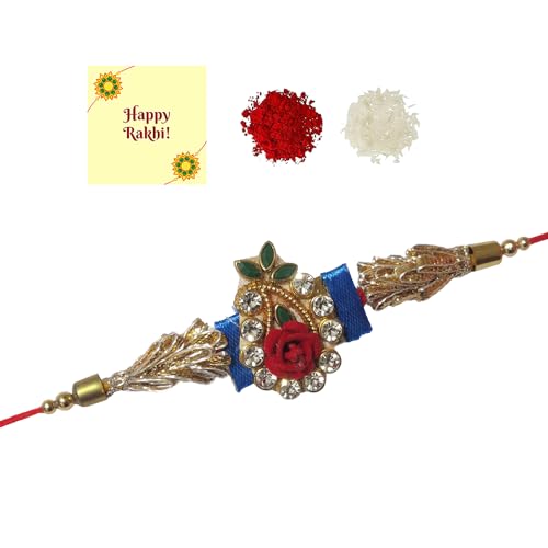 DMS RETAIL Dazzling Gotapatti Kundan Rakhi Combo & Designer Gold Plated Rakhi for Brother, Roli Chawal & Greeting Card|Rakhi for Bhaiya|Rakhi for MEN|Kundan Rakhi|Rakhi Combo-Set of 1