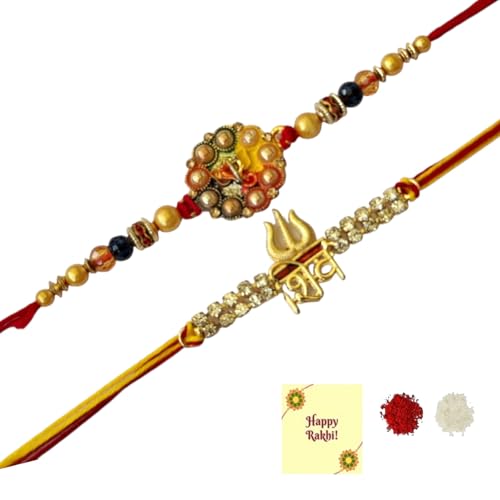 DMS RETAIL Set Of 2 Beautiful Design Elegant Traditional Om Ganesh Rakhi Combo For Men Raksha Bandhan Rakhi for Bhai Bhabhi With Roli Chawal And Greetings Card For Men