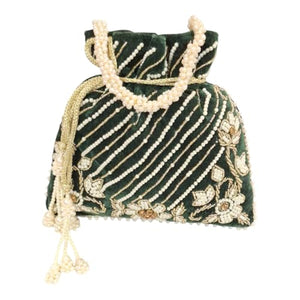 DMS RETAIL Handcrafted with Pearl Handle and Tassels | Embroidered Bridal Clutch for Weddings, Parties, and Gifting | Elegant Drawstring Potli for Women (GREEN)