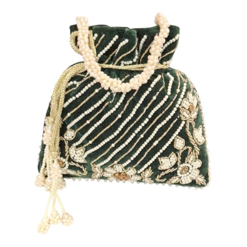 DMS RETAIL Handcrafted with Pearl Handle and Tassels | Embroidered Bridal Clutch for Weddings, Parties, and Gifting | Elegant Drawstring Potli for Women (GREEN)