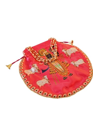 DMS RETAILShreenathji Potli | Shagun Pouch | Wedding Giveaways | Silk Potli With Belt In Shrinath Ji Design (PINK)