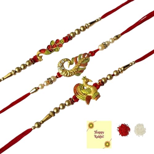 DMS RETAIL Peacock Rakhi for Brother Mor Pankh Rakhi for Bhaiya Set of 3 for Bhai Boy Kids Combo for Rakshabandhan, with Fridge Magnet for Door Decor