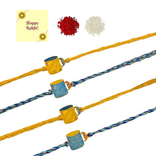 DMS RETAIL Set Of 4 Chota Bhai Rakhi for Brother Gold Plated Kudan Stone Rakhi Designer Rakhi Raksha Bandhan Moli Bracelet for Brother with Roli Tilak And Greetings Card