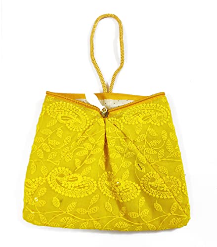 DMS RETAIL Lucknowi Embroidered Potli Bags in Samosa Shape Potli Pouches, Return Gifts for Women, Shagun Potli Purse for Gifting, Potli Bags for Ladies (Yellow)