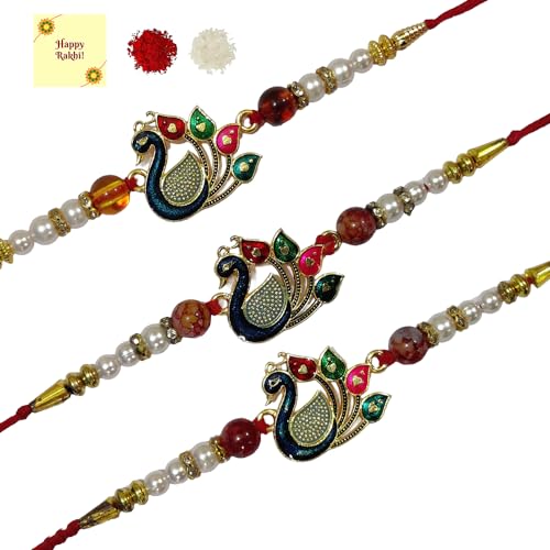 DMS RETAIL Peacock Feather Designer Bhaiya Bhabhi Rakhis with Roli Chawal Pack and Raksha Bandhan Greeting Card - Rakhi for Brother, Bhaiya, Bhai - Lumba Rakhi for Bhabhi, Sister Set Of 3