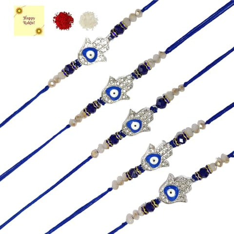 DMS RETAIL Rakshabandhan Enamel Evil Eye Rakhi Combo Set With Roli Chawal For Bhaiya/Brother/Bro/Men/Boys/Kids Set Of 5