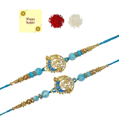 DMS RETAIL Antique Finish Blue Pearl Studded Peacock Veera Metal Rakhi for Brother - Combo Set of 4 Fancy Rakhis for Raksha Bandhan With Roli Chawal And Greetings Card