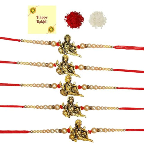 DMS RETAIL Multicolor Bracelet Rakhi for Brother with Roli Chawal Bhaiya Bhabhi Rakhi Pack of 5 Rakhi Pearl Ganesh Rakhi