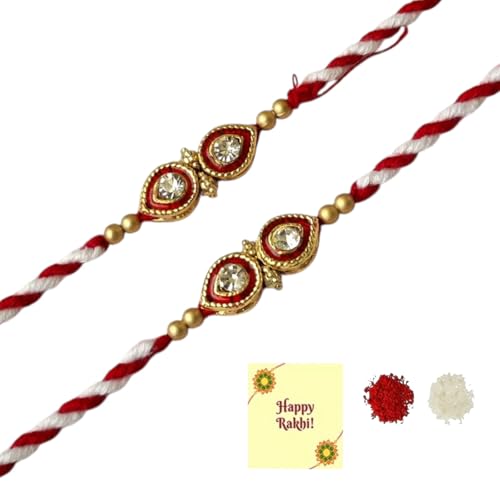 DMS RETAIL Rakshabandhan Kundan Rakhi Set of 2 for Brother Bhabhi Kids with Greeting Card