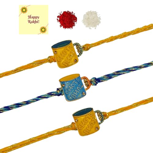 DMS RETAIL Set Of 3 Exclusive Bhaiya Rakhi CHOTA BHAI Designer Pendent For Bhaiya/Brother/Bhai With Roli Chawal And 1 Greeting Card