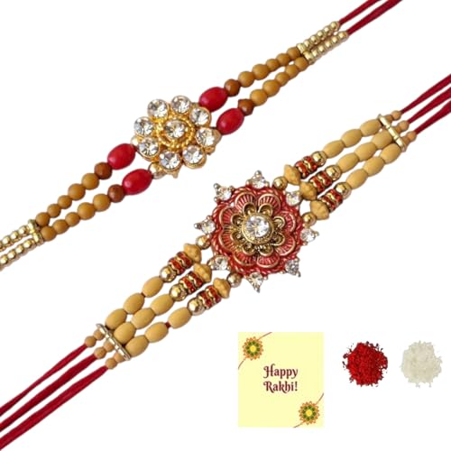 DMS RETAIL Elegant Floral Kundan Designer for Brother With Roli Chawal & Greeting Card Rakhi for Bhaiya Rakhi for MEN Moli Thread Set Of 2