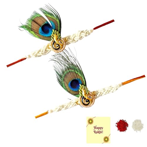 DMS RETAIL Pearl Studded Designer Multi-colour Peacock Rakhi for Beloved Brother With Roli Tilak And Greetings Card Set Of 2