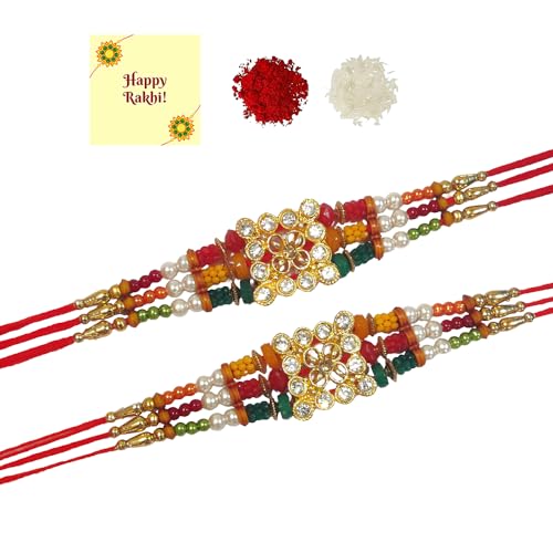 DMS RETAIL Lovely Kundan Bracelet Designer Gold Plated Rakhi for Brother With Roli Chawal & Greeting Card | Rakhi for Bhaiya | Rakhi for MEN | Kundan Rakhi | Set Of 2