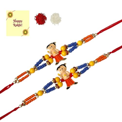 DMS RETAIL Chota Bheem Cartoon Rakhi Combo (Set of 2) with Roli Chawal and Greeting Card For Men Brother Kids Rakhi for Kids