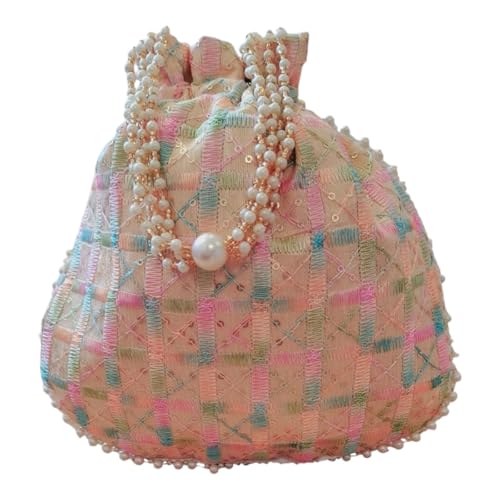 DMS RETAIL Handmade Checked Embroidery Potli | Embellished Satin Wristlet Bag for Women & Girls | Batwa Wallet | Clutch Bags for Return Gifts | Drawstring Closure Potli
