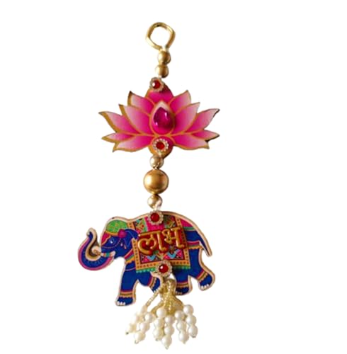 DMS RETAIL Traditional Embellished Acrylic Designer Elephant Hanging Shubh Labh Sticker for Door and Wall Decoration Diwali Decoration