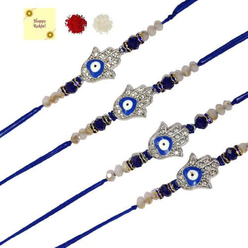 DMS RETAIL Handmade Evil Eye Rakhi Protect From Negative Energy Unisex Evil Eye Rakhi With Beads Handmade Rakhi for Brother/Sister set of 4