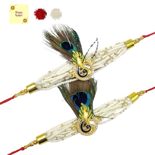 DMS RETAIL Designer Pearl Studded Peacock Feather Rakhi For Brother Elegan Rakhi For Beloved Brother With Roli Chawal With Greetings Card And Roli Chawal Set Of 2 Rakhi