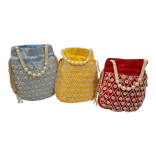 DMS RETAIL Handmade Embroidery Potli | Embellished Satin Wristlet Bag for Women & Girls | Batwa Wallet | Clutch Bags for Return Gifts | Drawstring Closure Potli|Pearl Potli