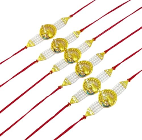 DMS RETAIL Simple Elegant PeacockThread Pearl Rakhi For Brother | Rakhi For Bhai | Rakhi For Bhaiya | Rakhi For Kids With Greetings Cards Roli Chawal Set Of 6 Rakhi