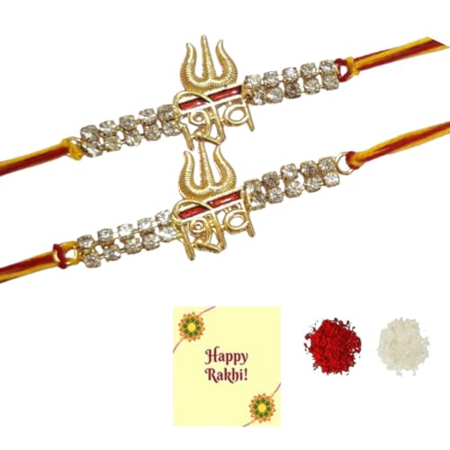 DMS RETAIL Multicolor Set of 2 Shivling with Trishul, Rakhis with Roli Tilak Pack & Greeting Card