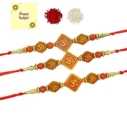 DMS RETAIL Purely Divine Om Rakhi Bracelet for beloved brothers Bhaiya, Bhai With Greetings Card With Roli Chawal Set Of 3 Rakhi