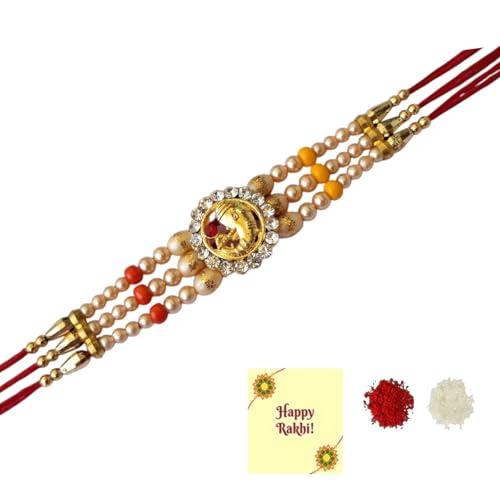 DMS RETAIL Set of 1 Diamond Studded Bracelet Rakhi Moli For Brother With Roli Tilak Greetings Card