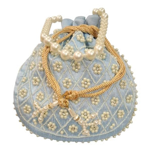 DMS RETAIL Potli | Beadwork Pear Wedding Potli | Beads Handle Potli | Wallet Potli | Christmas Gift Potli | Baby Shower Potli | Lucknowi Potli | Embroidery Potli (SKY BLUE)