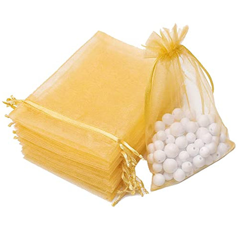 DMS RETAIL Plain Golden Net Tissue Transaprent Organza Bags|Organza Return Gift Bags|Drawstring Pouches For Wedding Sheer Bags Pack Of 10 (17X23 CMS)