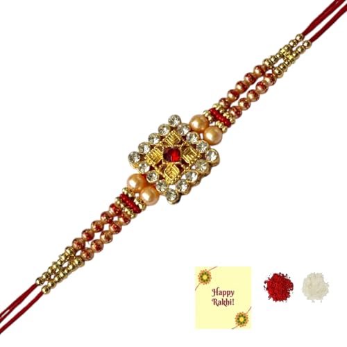 DMS RETAIL Handmade Kundan Rakhi For Brother Bhaiya Bhabhi Raksha Bandhan Gift Band Moli Bracelet Stone Pearl Rakhi With Roli Tilak