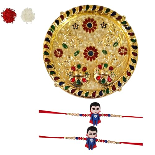 DMS RETAIL Set Of 2 Super Man Rakhi Amazing Combo 1 Pooja Thali Kankawati with Raksha Bandhan Greeting Card And Tilak