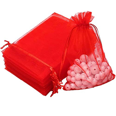 DMS RETAIL RED Return Gift Potli Bags Organza Pouches Return Gift Favor Shagun Pouches Dry Fruit Pouches Return Favours Pack Of 50 (13X18 CMS)