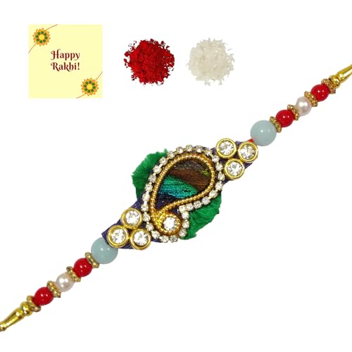 DMS RETAIL Designer Diamond Studded Kundan Rakhi For Brother With Greetings Card And Roli Chawal Set OF 1