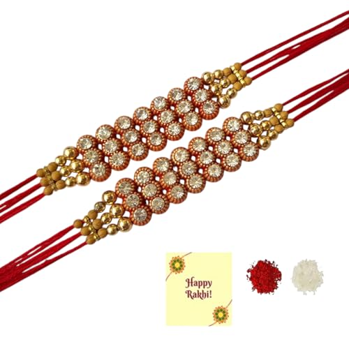 DMS RETAIL Kundan Embellished Thread Rakhi For Brother|Pack Of 2|Rakhi Special|Roli Tilak With Greetings Card